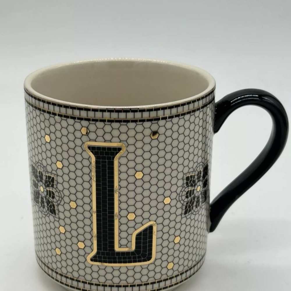 Anthropologie Bistro Tile Monogram L Stoneware Mug Black White Gold